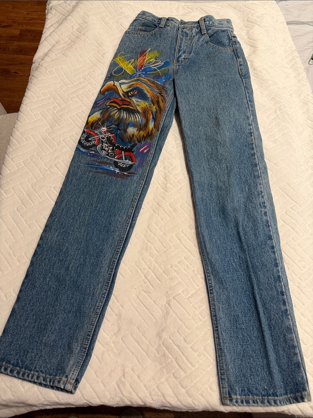 Painted Eagle Blue Straight Jeans - Hand-Painted Artwork Men or Women 12” Waist
